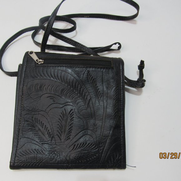 J.L. SALDIVAR Tooled Leather Black Trifold Crossbody Boho Western Purse - Picture 8 of 8